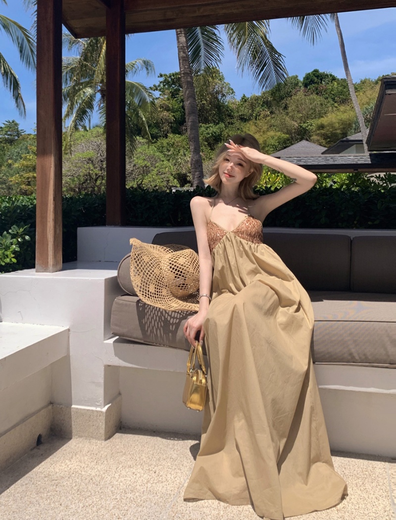 Sling sequins V-neck dress sexy splice long dress for women