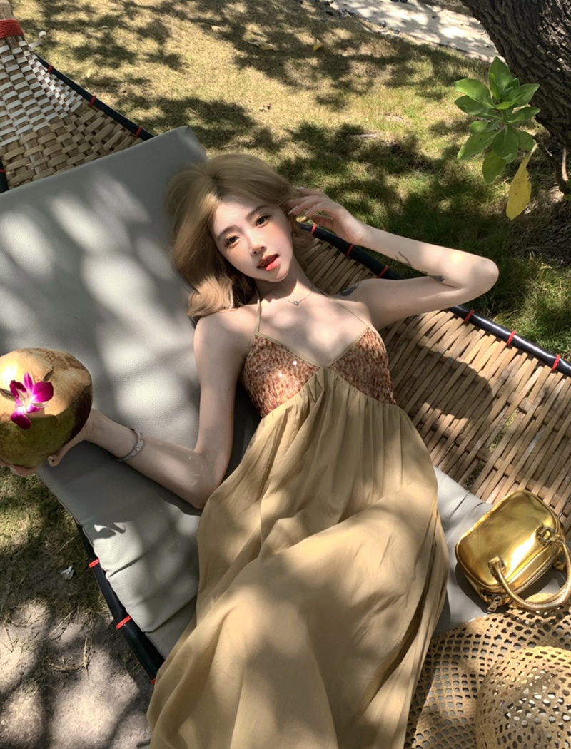 Sling sequins V-neck dress sexy splice long dress for women