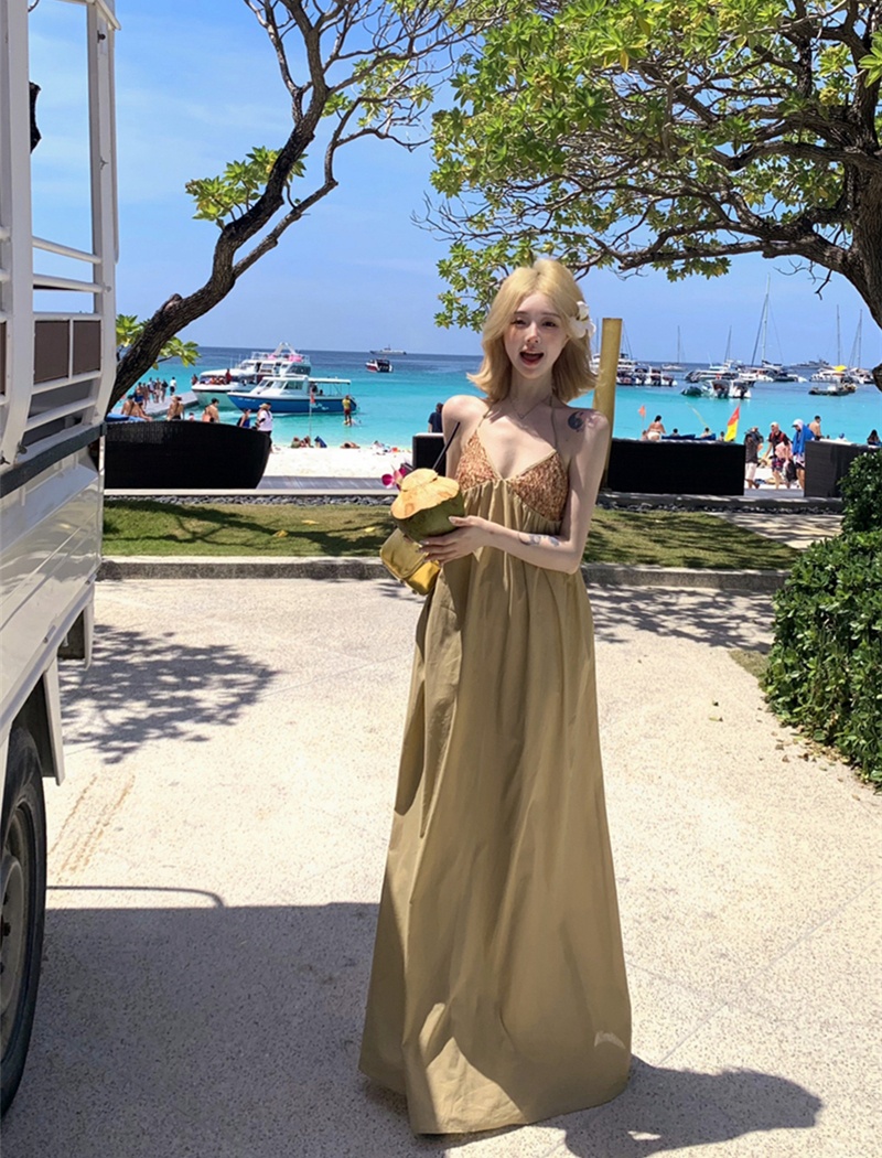 Sling sequins V-neck dress sexy splice long dress for women