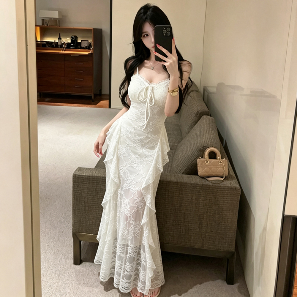 Lotus leaf edges dress France style long dress for women