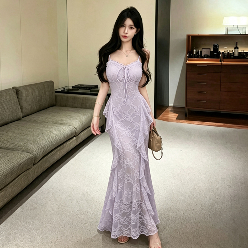 Lotus leaf edges dress France style long dress for women