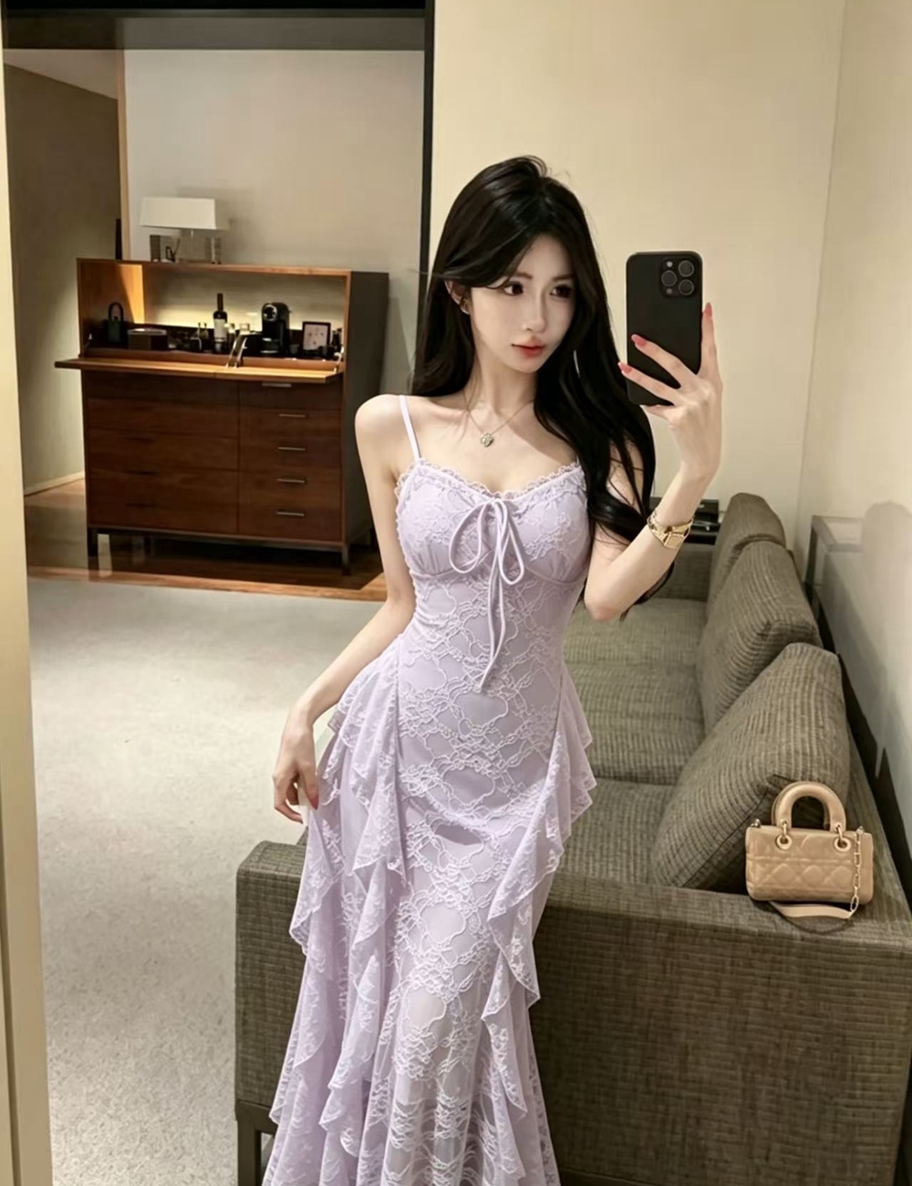 Lotus leaf edges dress France style long dress for women