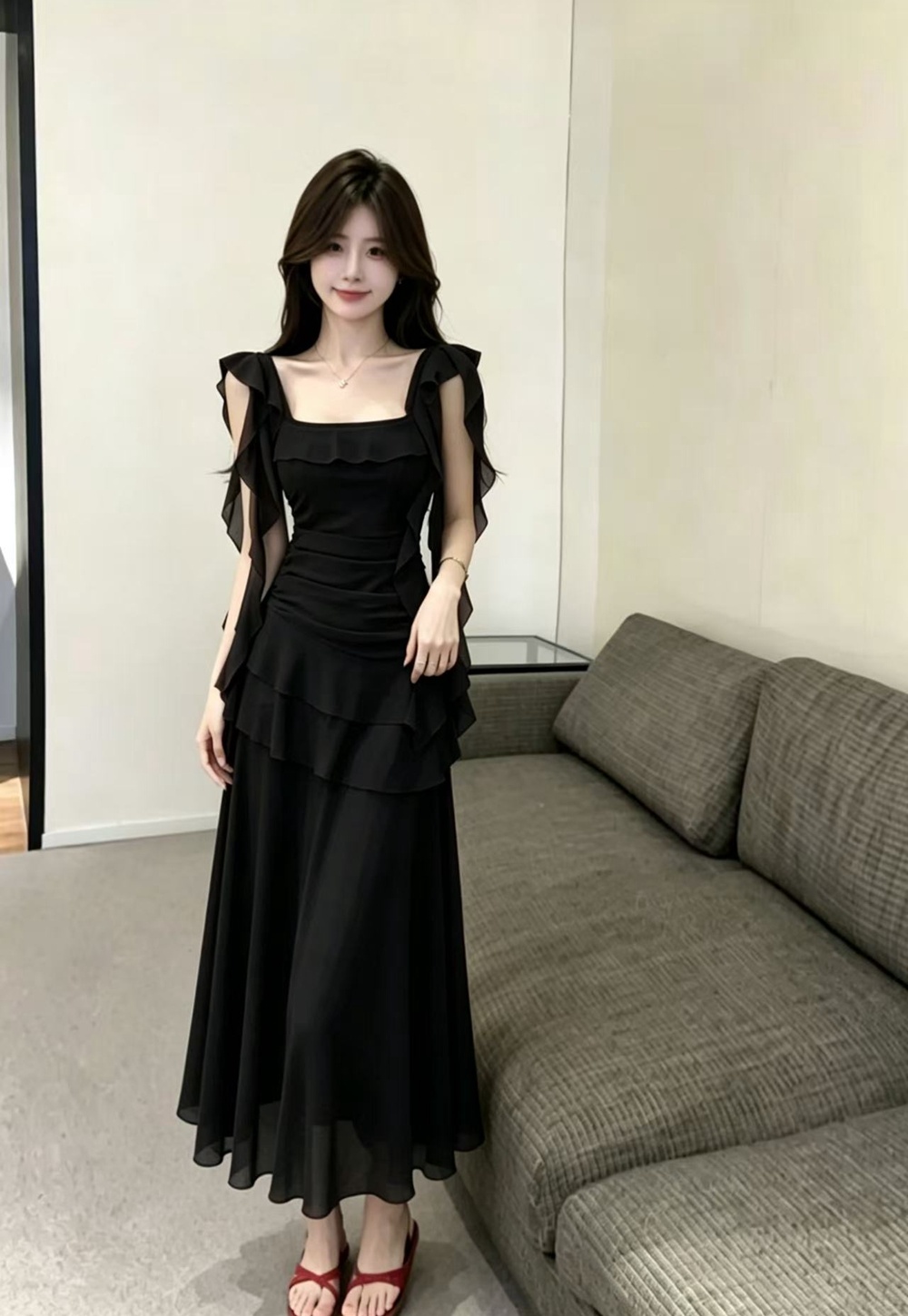 Seaside dress pinched waist long dress for women