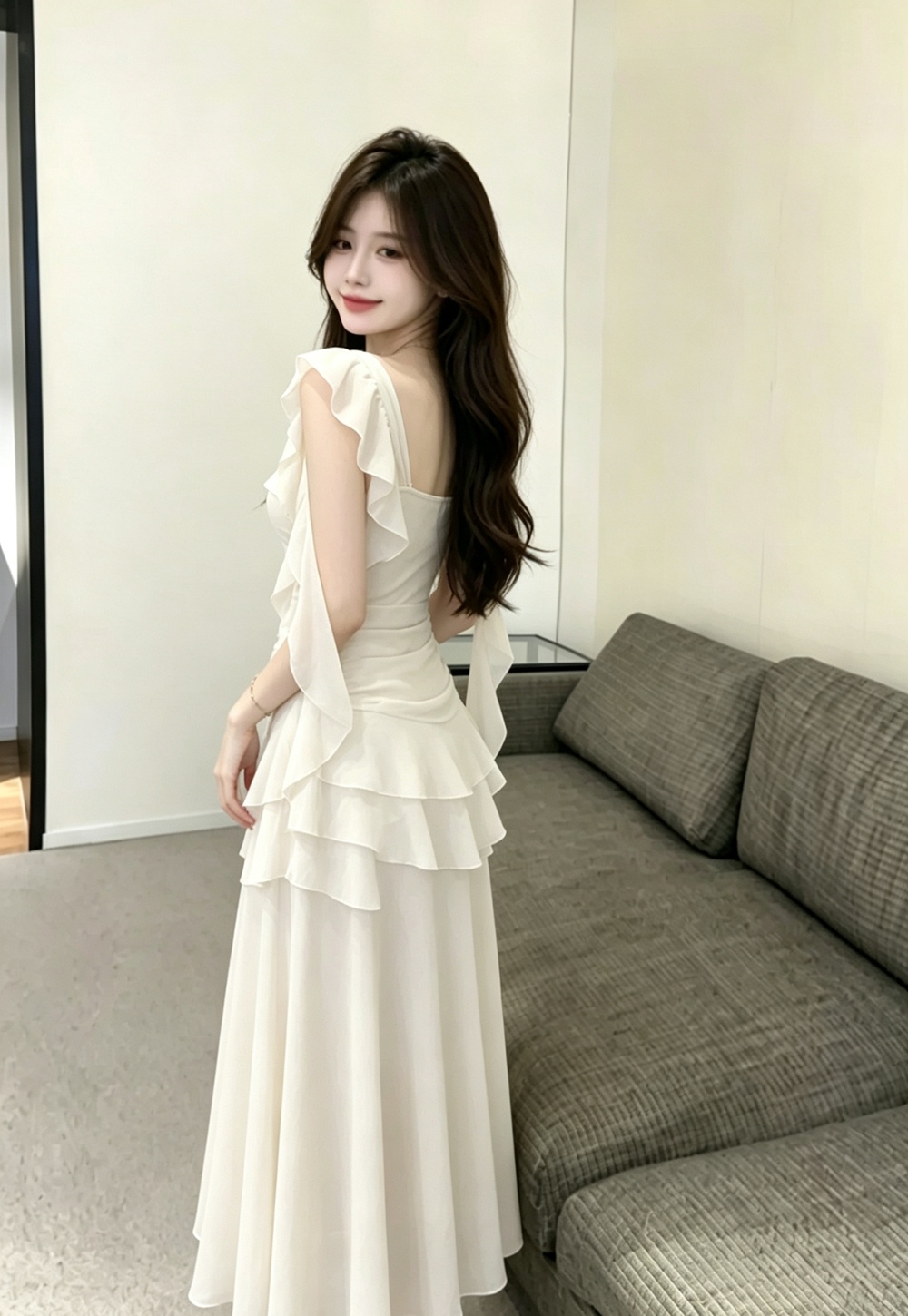 Seaside dress pinched waist long dress for women