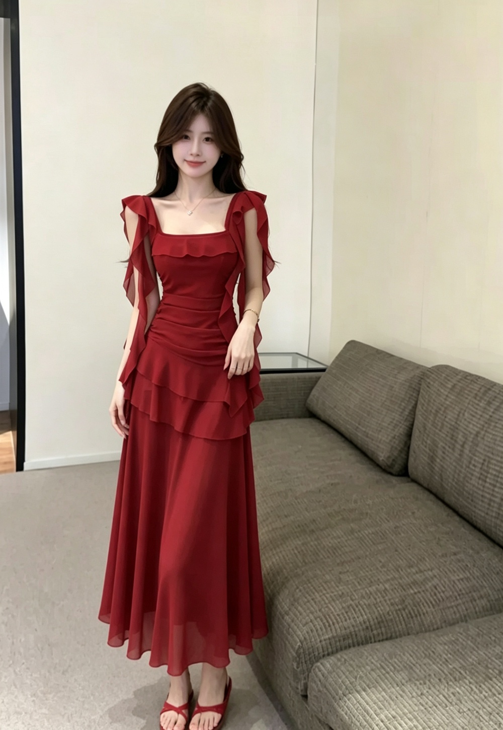 Seaside dress pinched waist long dress for women