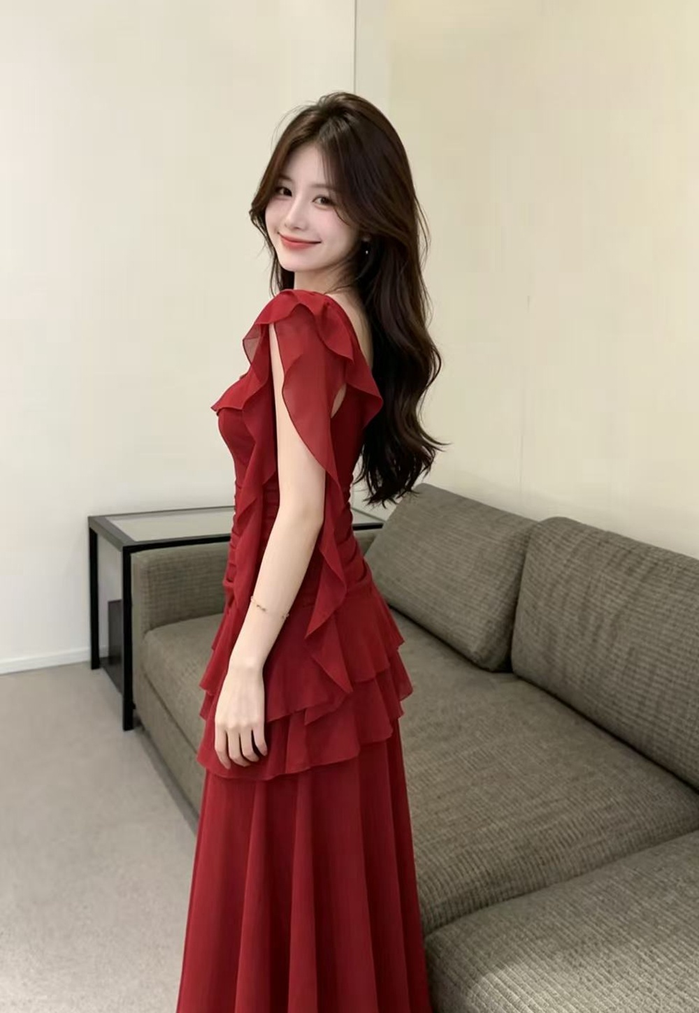 Seaside dress pinched waist long dress for women