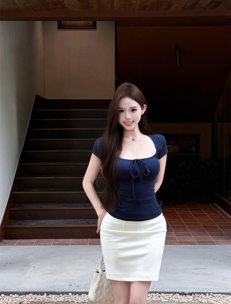 Slim U-neck tops short sleeve pinched waist T-shirt