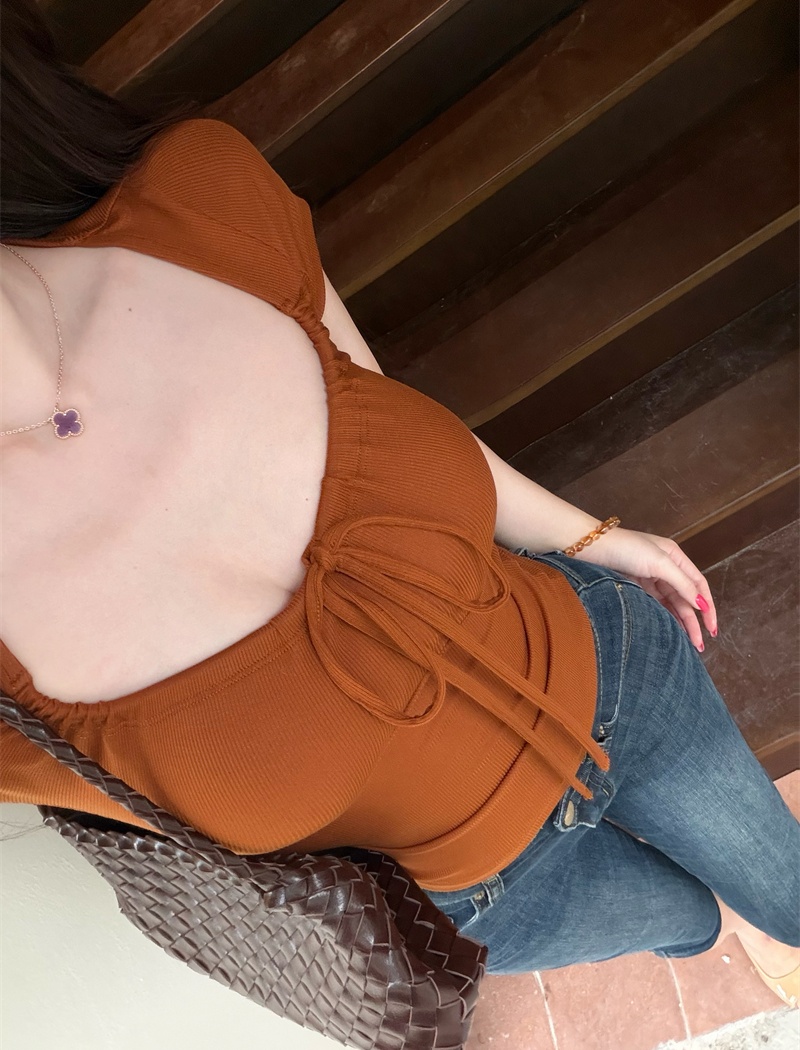 Slim U-neck tops short sleeve pinched waist T-shirt