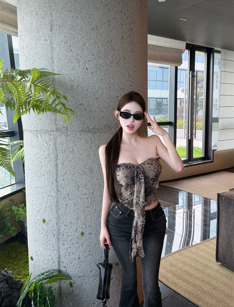Temperament bow summer sling sexy leopard vest for women