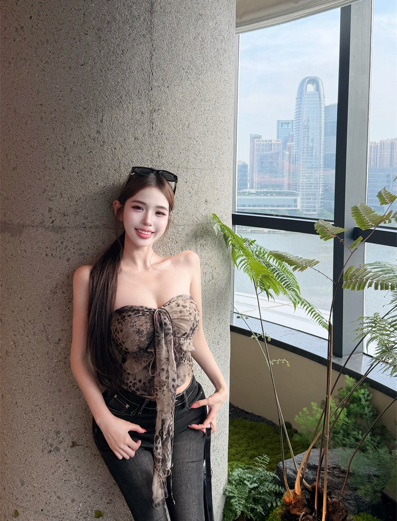 Temperament bow summer sling sexy leopard vest for women