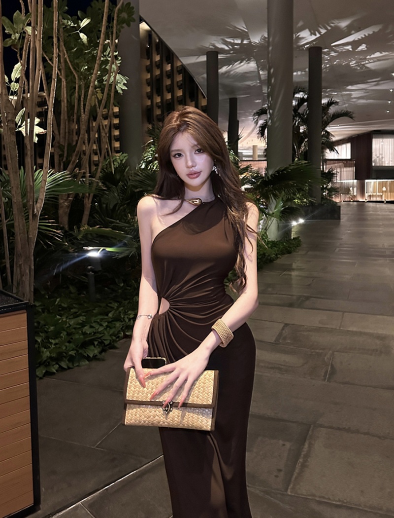 Slim retro long dress sexy sloping shoulder dress for women