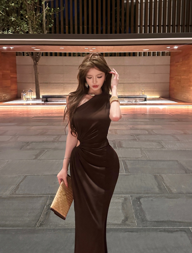 Slim retro long dress sexy sloping shoulder dress for women