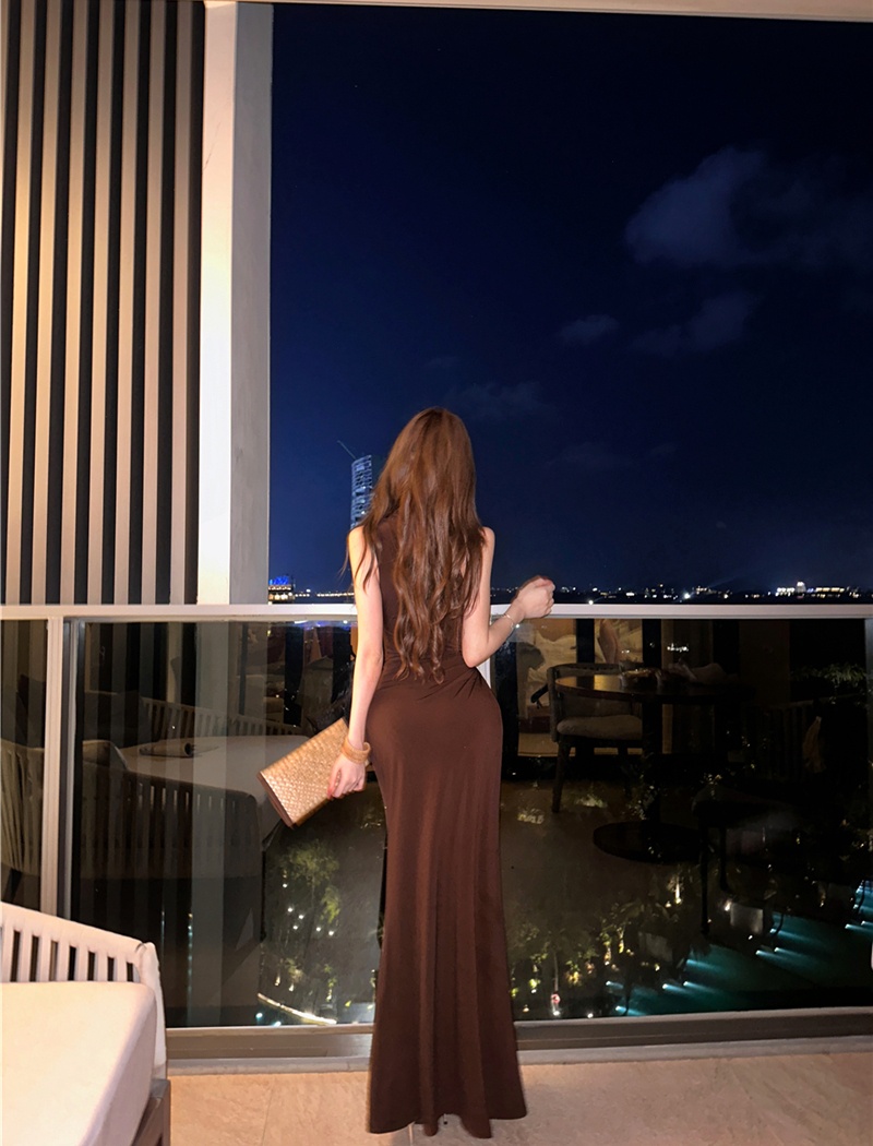 Slim retro long dress sexy sloping shoulder dress for women