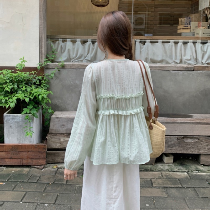 Frenum V-neck lace loose tender show young slim shirt