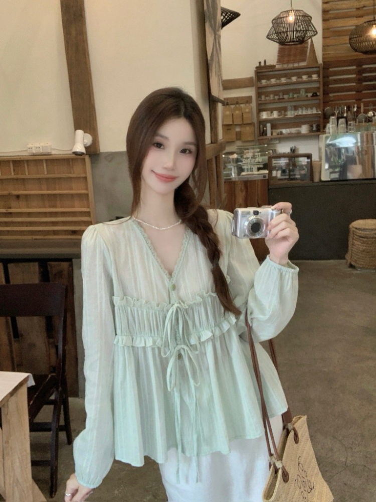 Frenum V-neck lace loose tender show young slim shirt
