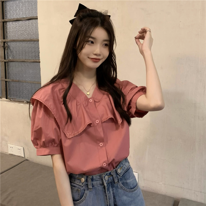 Doll collar short sleeve niche tops France style retro shirt