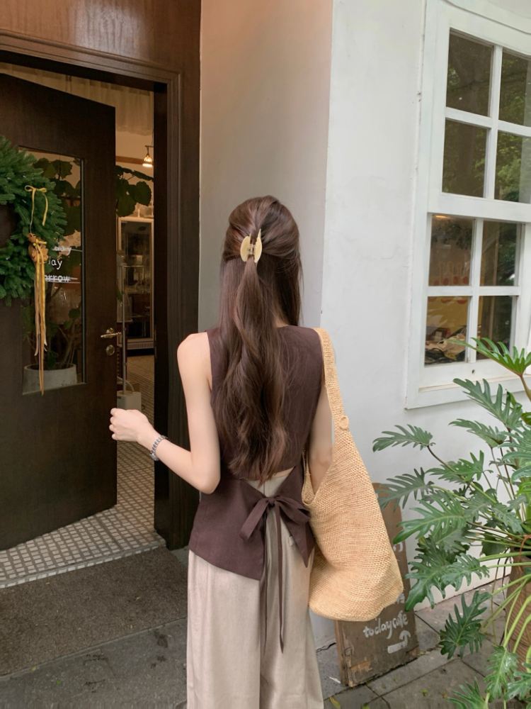 Retro sleeveless V-neck vest slim frenum tops for women