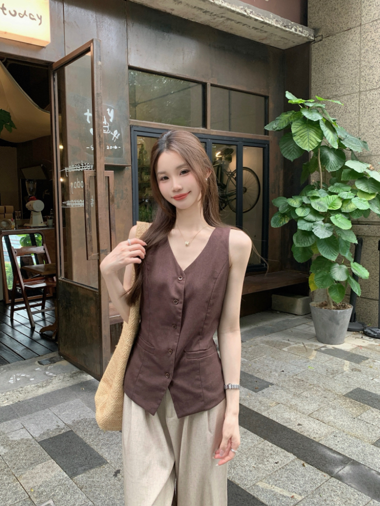 Retro sleeveless V-neck vest slim frenum tops for women
