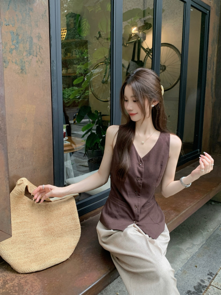 Retro sleeveless V-neck vest slim frenum tops for women