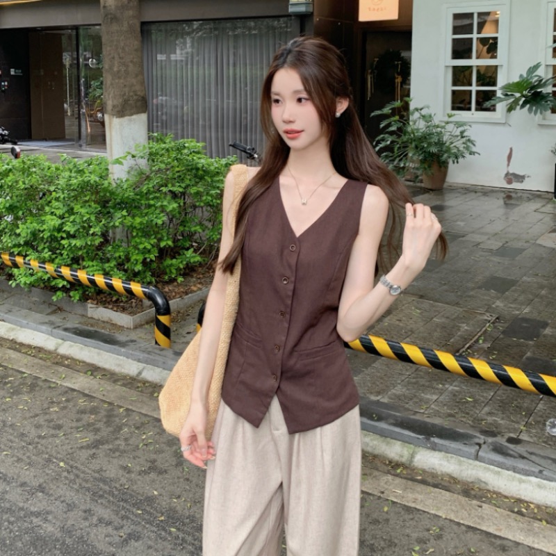 Retro sleeveless V-neck vest slim frenum tops for women