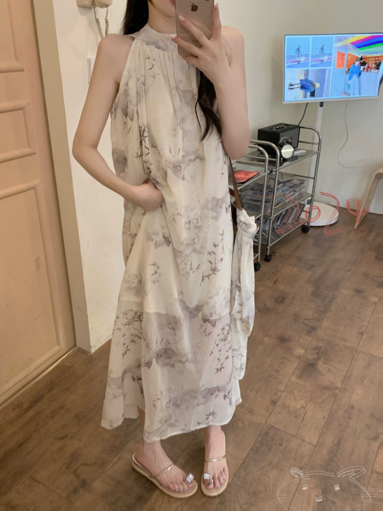 Temperament ink long dress halter tender dress