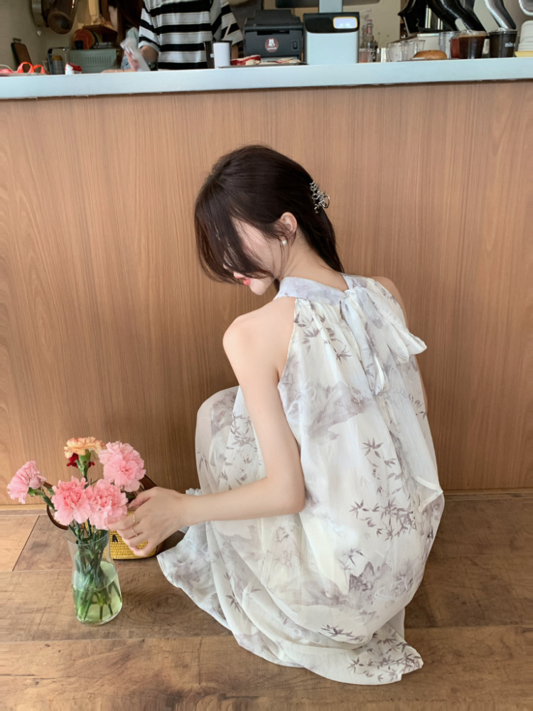 Temperament ink long dress halter tender dress