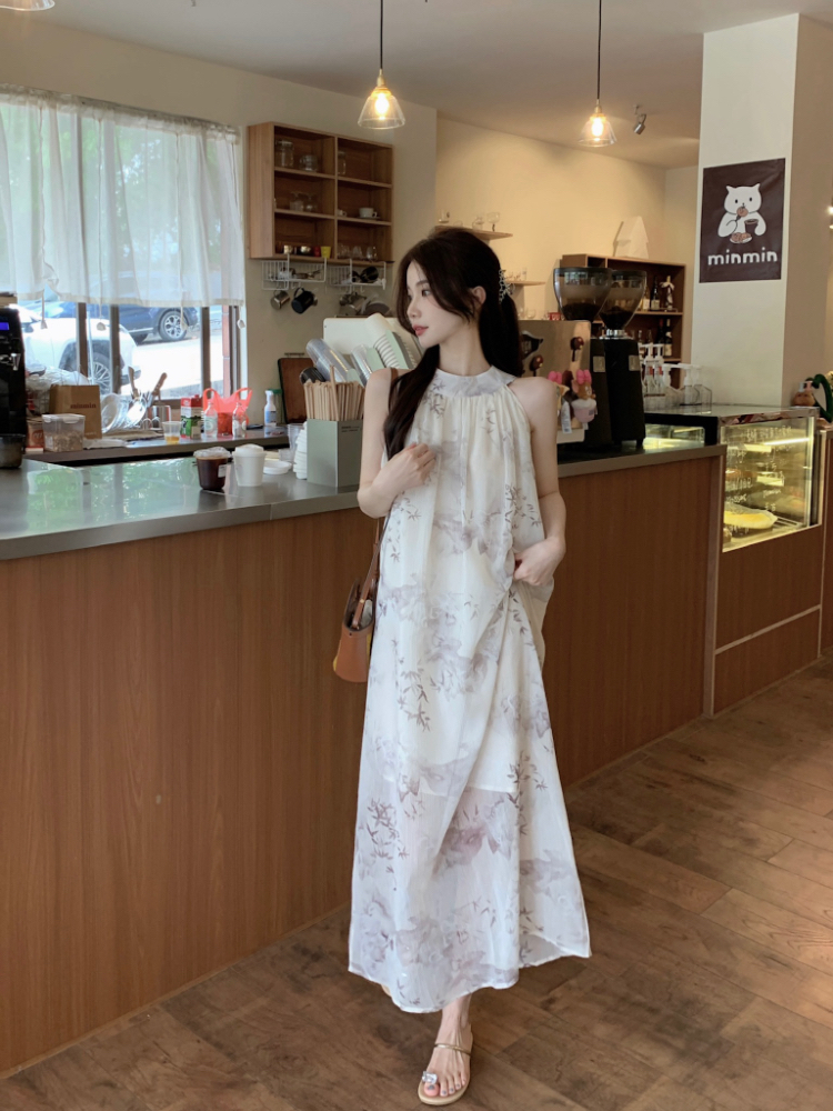Temperament ink long dress halter tender dress