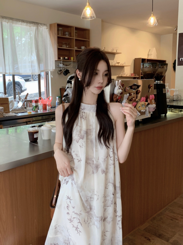 Temperament ink long dress halter tender dress