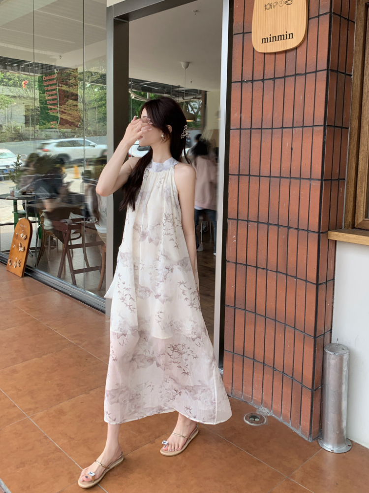 Temperament ink long dress halter tender dress