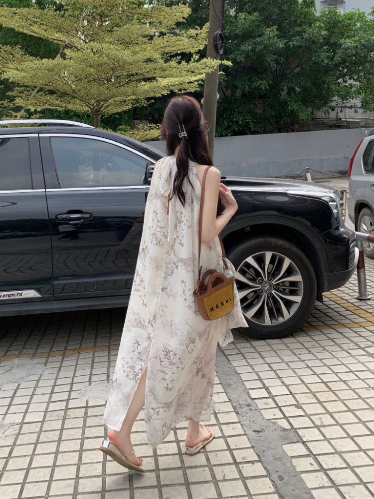 Temperament ink long dress halter tender dress