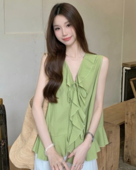 V-neck lotus leaf edges tops sweet vest for women