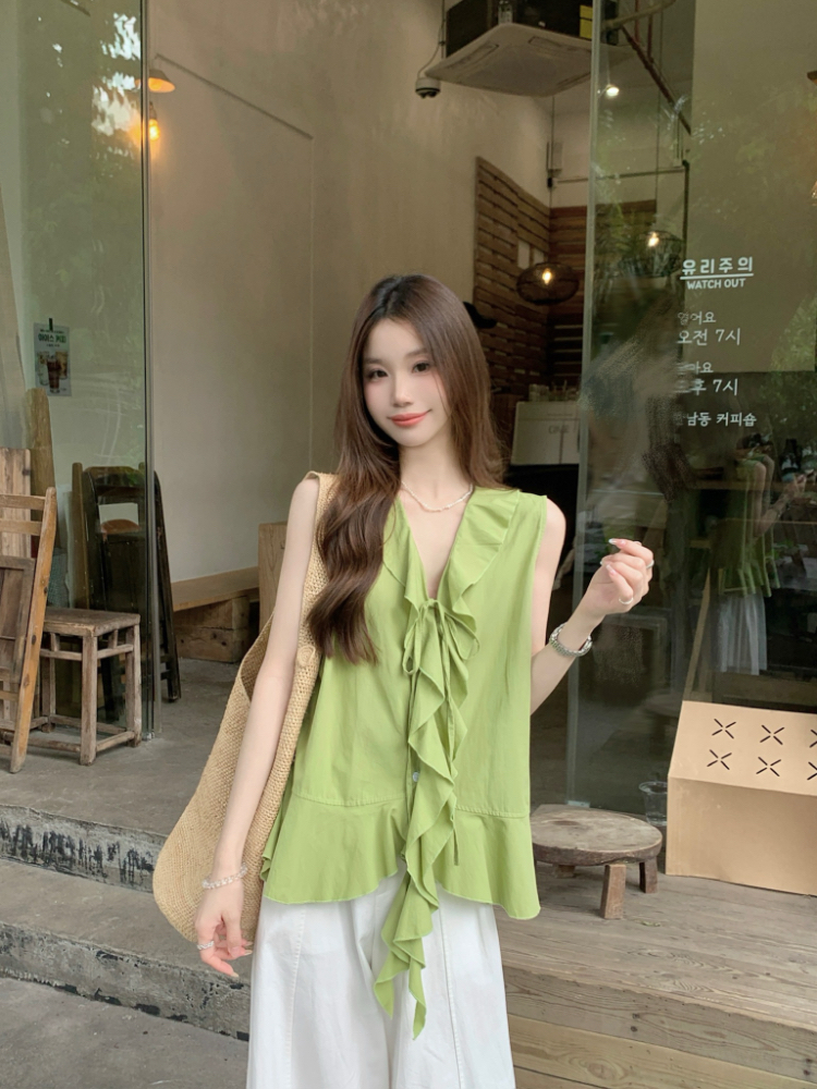 V-neck lotus leaf edges tops sweet vest for women