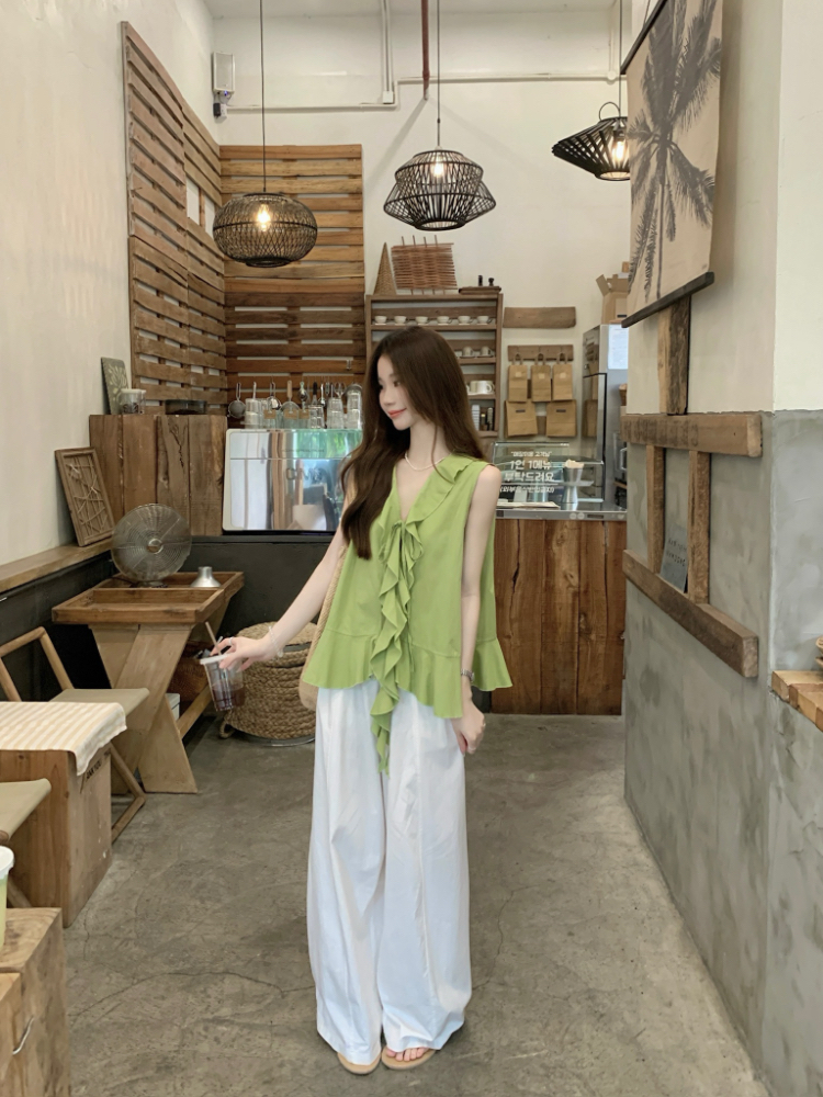 V-neck lotus leaf edges tops sweet vest for women