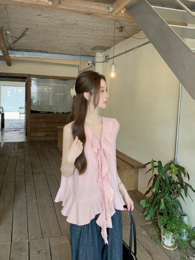 V-neck lotus leaf edges tops sweet vest for women