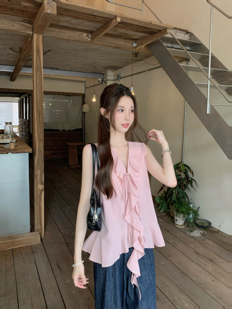 V-neck lotus leaf edges tops sweet vest for women