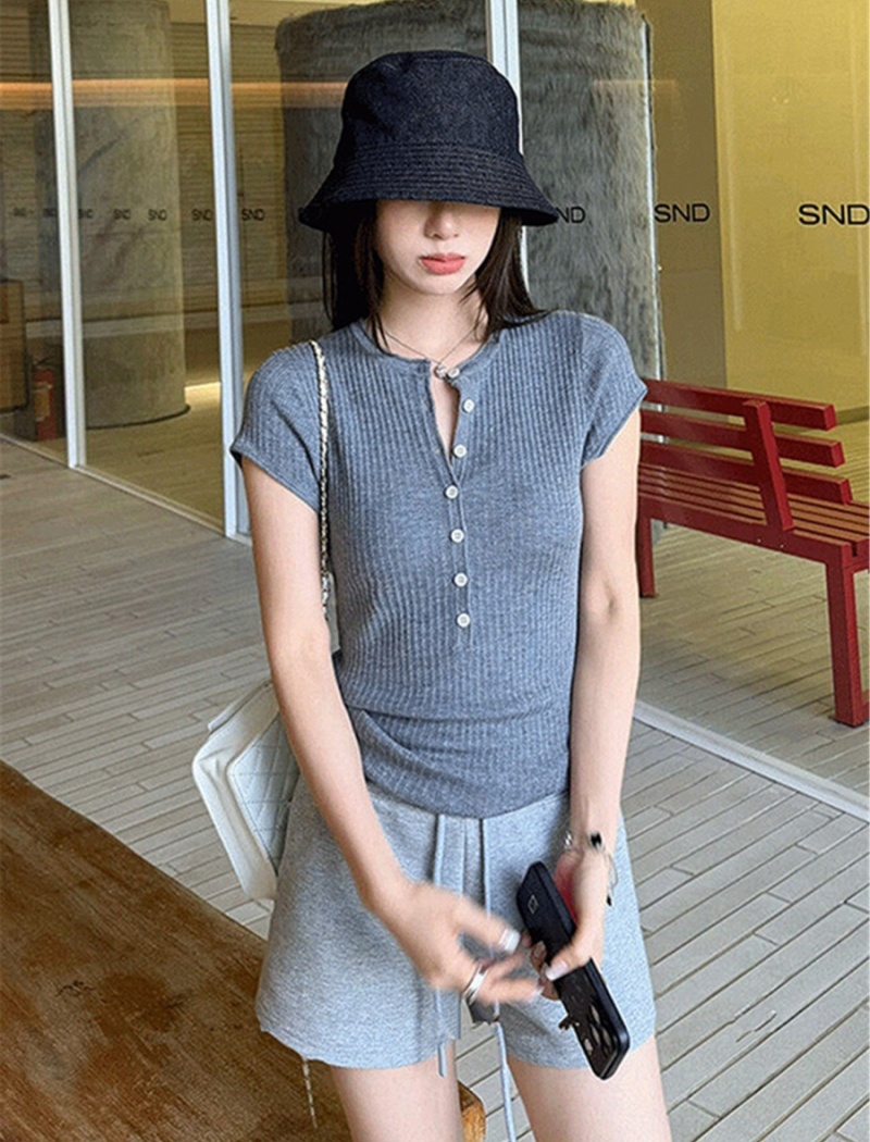 Korean style half buckleed T-shirt for women
