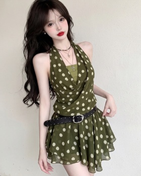 High waist Pseudo-two T-back slim halter dress