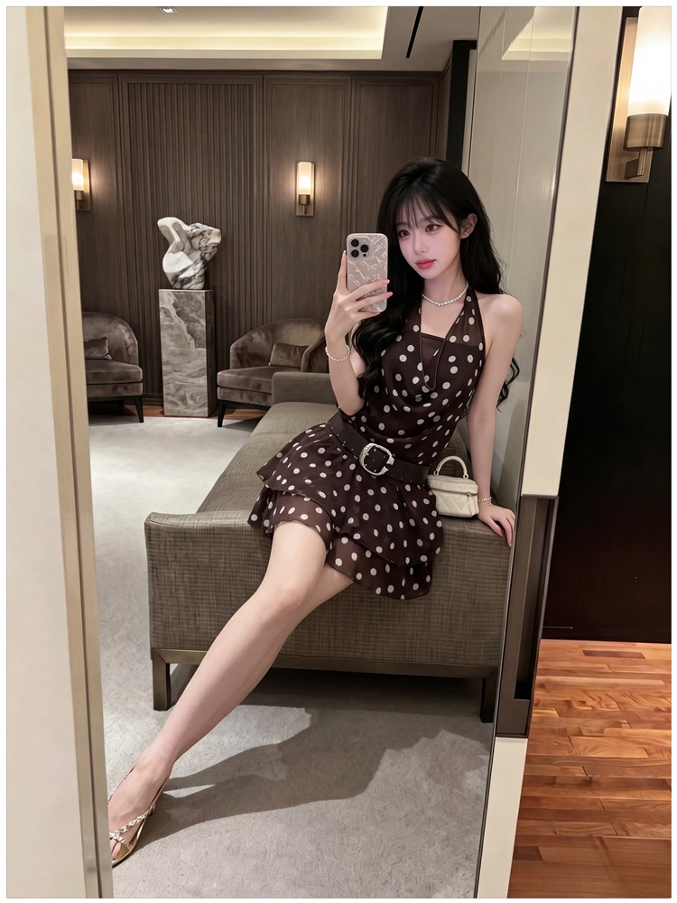 High waist Pseudo-two T-back slim halter dress