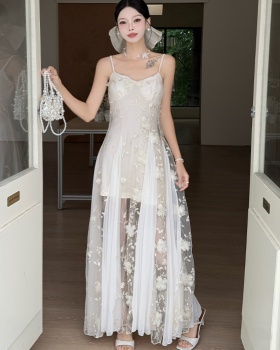 Splice tender dress seaside pinched waist long dress