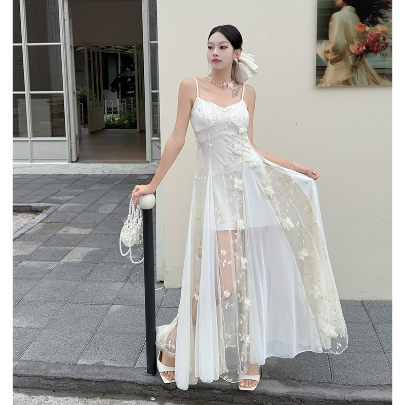 Splice tender dress seaside pinched waist long dress