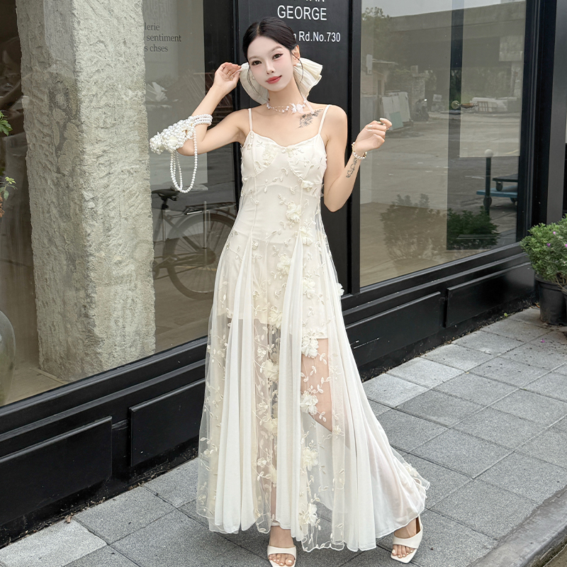 Splice tender dress seaside pinched waist long dress