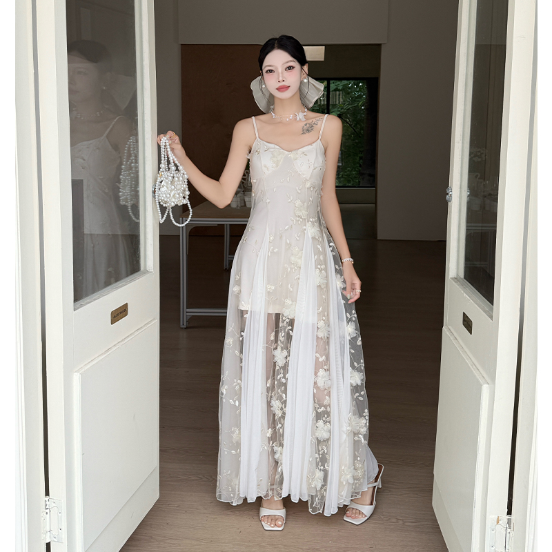 Splice tender dress seaside pinched waist long dress