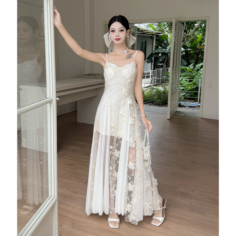Splice tender dress seaside pinched waist long dress