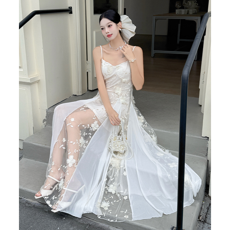 Splice tender dress seaside pinched waist long dress