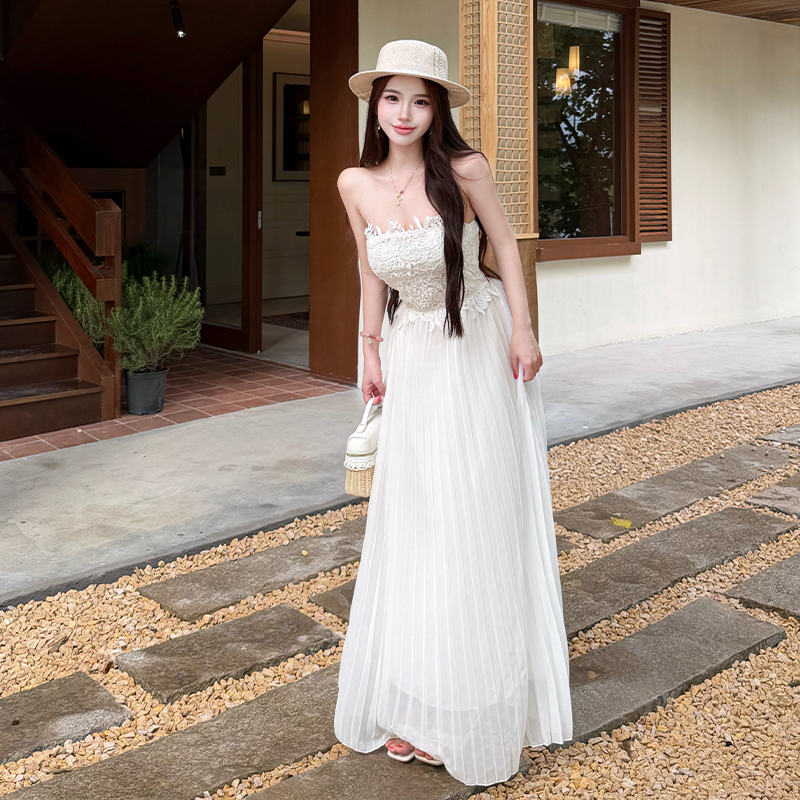 Tender wrapped chest formal dress lady lace dress for women