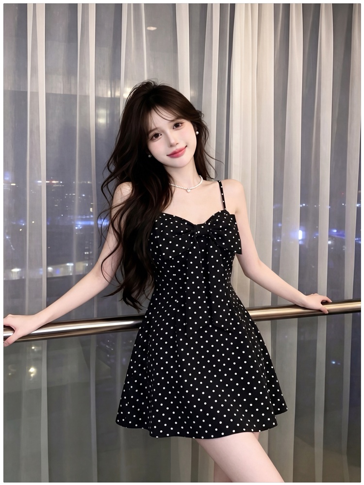 Sweet bow France style T-back polka dot summer dress