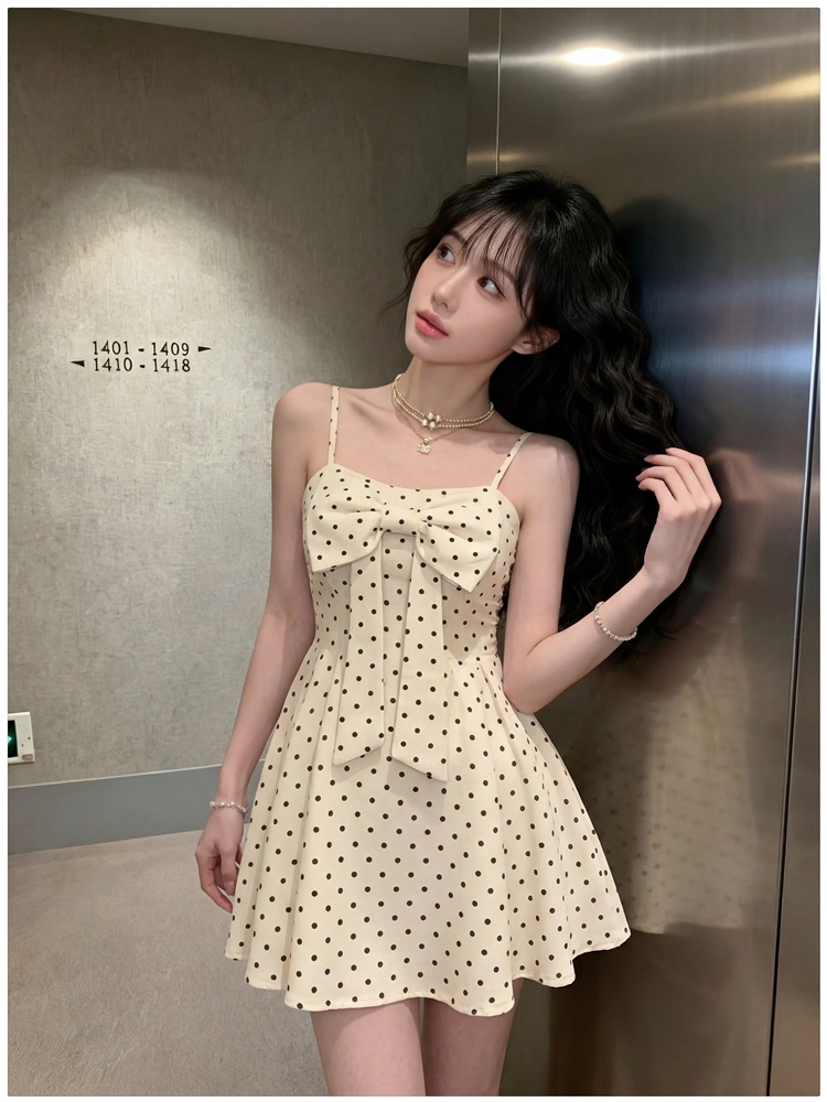 Sweet bow France style T-back polka dot summer dress