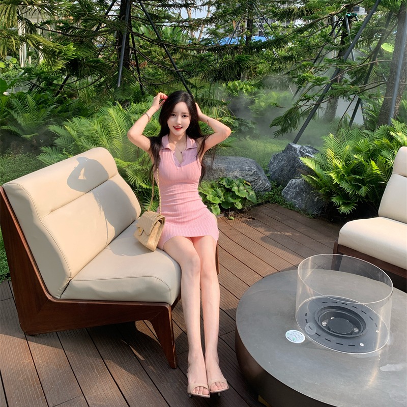 Pink strawberries dress lapel vest for women