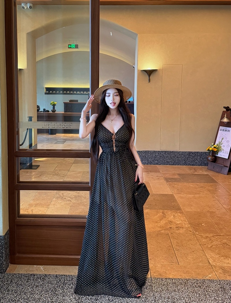 Polka dot gauze long dress sling dress for women