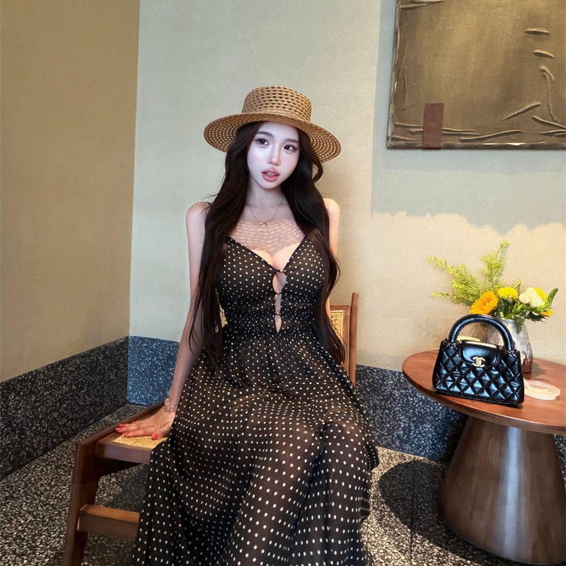 Polka dot gauze long dress sling dress for women